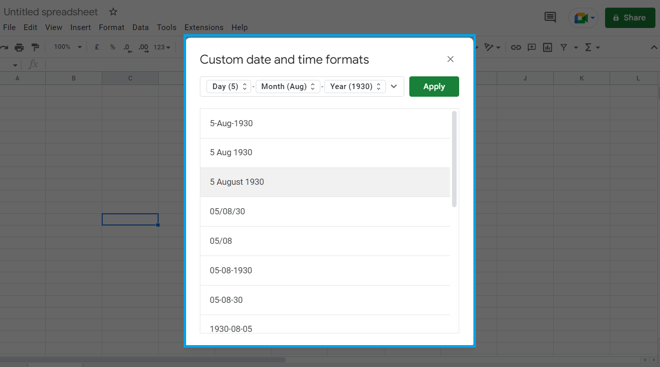 Create a Custom Date in Google sheets3