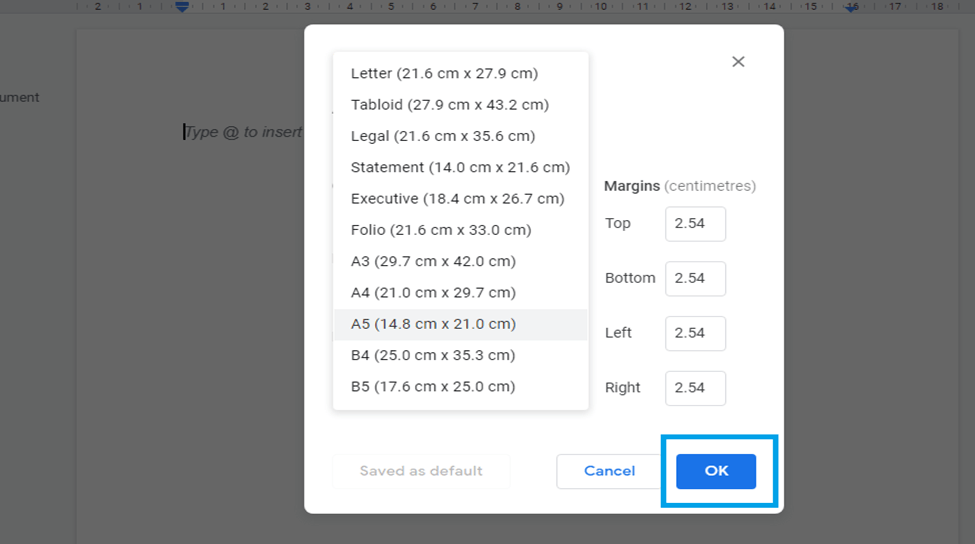 Set Page size in Google Doc