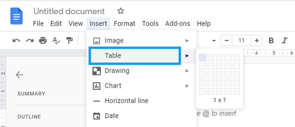 How do i add Table in Google docs page