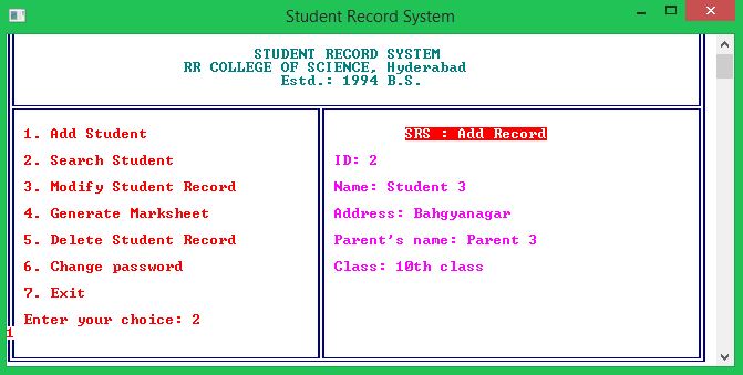 Student Record Management System project with C