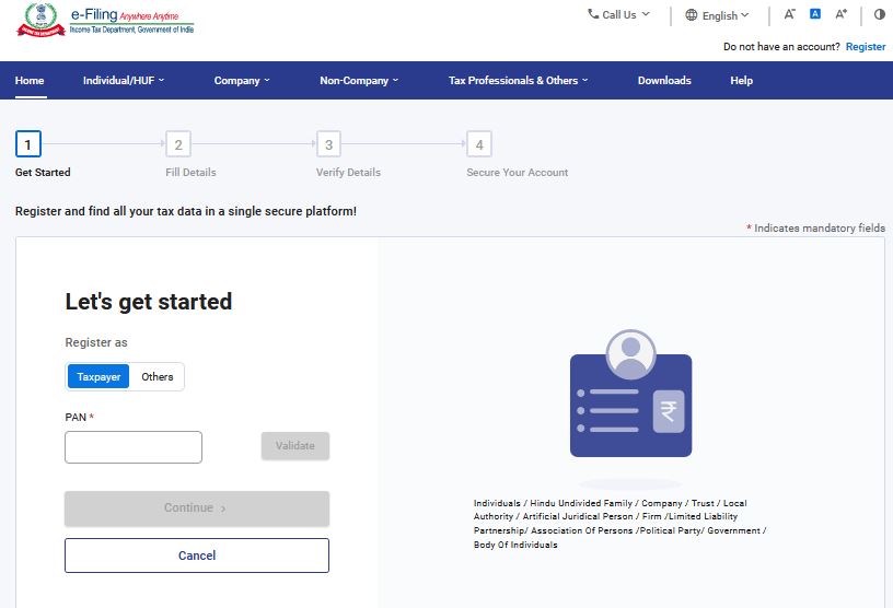 How to register into new incometax portal