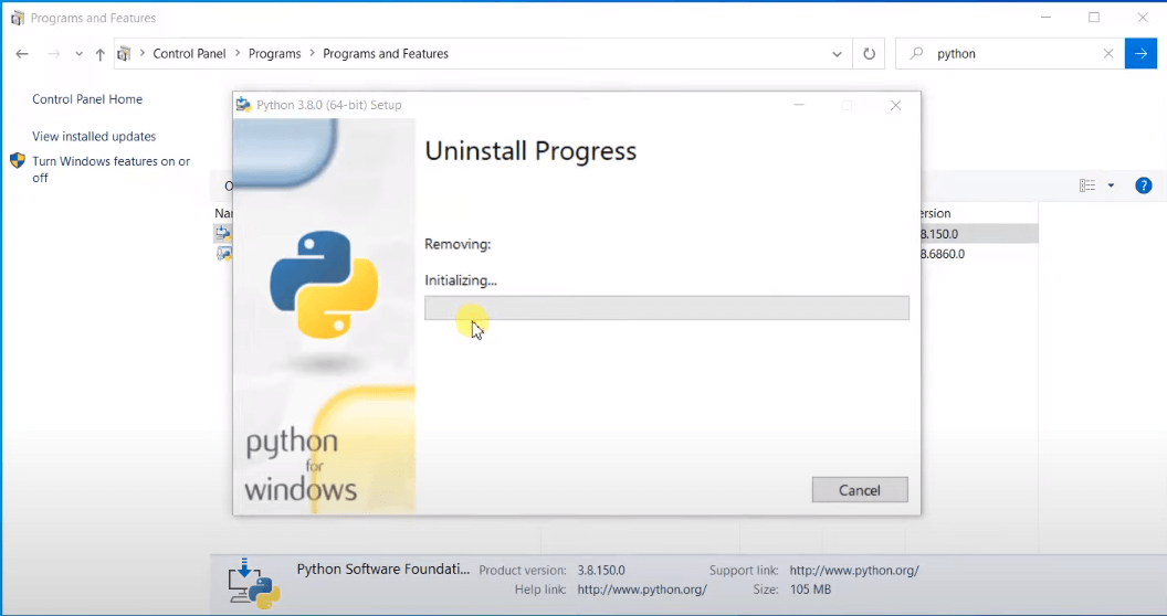 Uninstall Python control panel programs python uninstall progress10