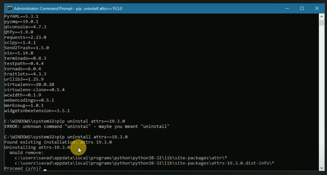 Uninstall Python using cmd pip-uninstall attrs